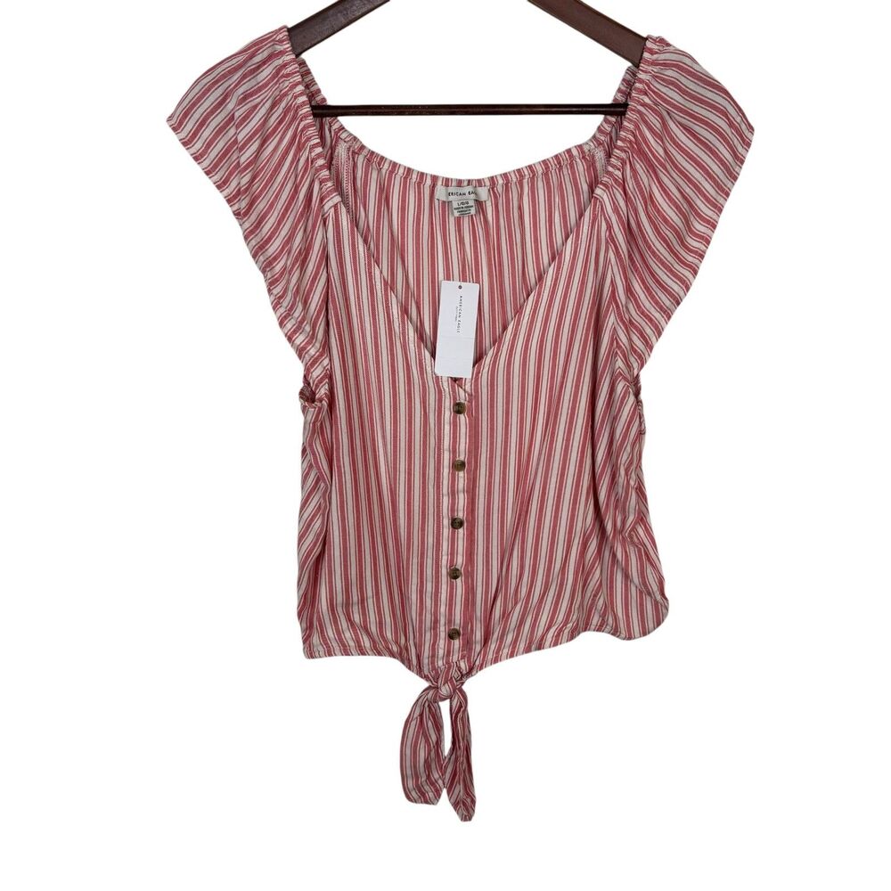 American Eagle Red White Striped Cropped Knotted Button Down Shirt Women's Large